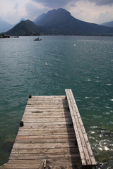 View from a wooden jetty over Lake Annecy