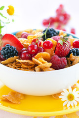bowl of cornflakes with milk and fruits