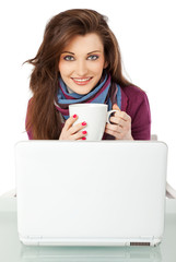 Girl cup smiling laptop