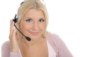 Young woman with microphone and computer, dispatcher