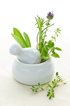 Healing Herbs In Mortar And Pestle