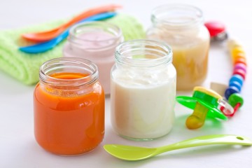 baby food: apple and carrot puree, rice pudding and yogurt