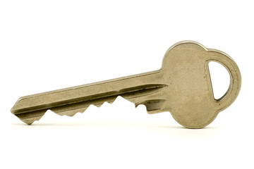 One silver key on a white background
