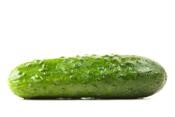 fresh green cucumber isolated on white with water drops