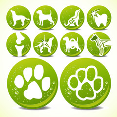 Dog and paws silhouettes in button set