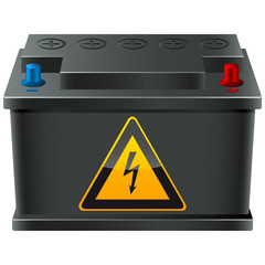 Batterie mit Hinweisschild Spannung