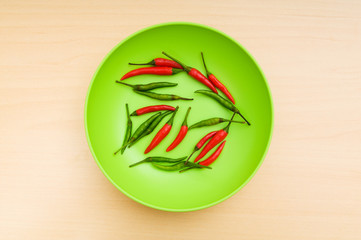 Hot peppers in the plate on wooden table