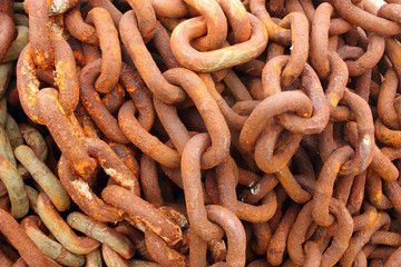 Old rusty ship anchor chain links close up.