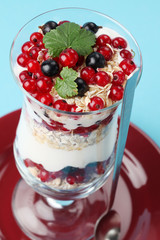 Red and black currant parfait with yogurt and oatmeal