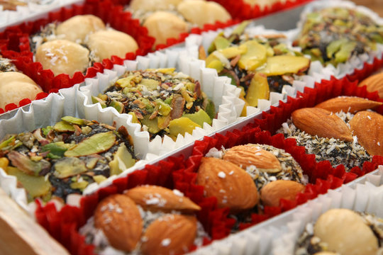 Traditional Turkish Delight Sweets In Box, Close-up