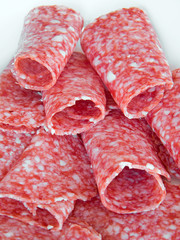 Closeup of salami sliced.