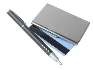 business card holder case with pen isolated.