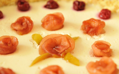 cheese cake on apple green background wit flowers
