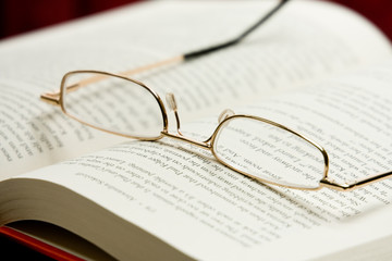 Gold framed eyeglasses lying on open book.