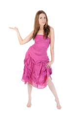 Fototapeta premium girl in pink holding her hand up.