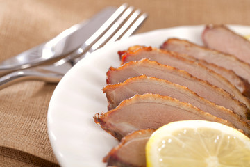 smoked  duck breast meat fillet,  sliced, served