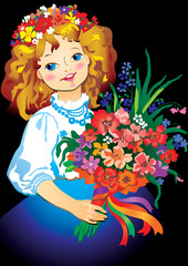 Beautiful girl with big bouquet of flowers.