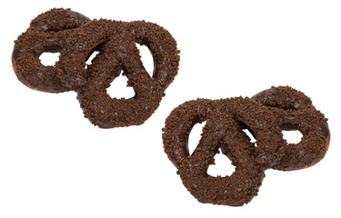 Pretzel-style chocolate donut on white background