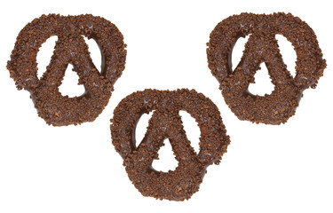 Pretzel-style chocolate donut on white background