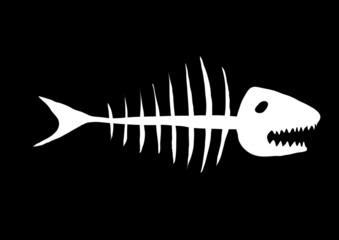 Vector illustration of white skeleton of fish on a black