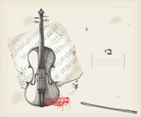 Violin drawing- music instrument with score- background