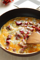 frying roasted pork and egg for cooking omelette image