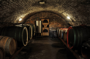 Wine barrels in traditional wine cellar
