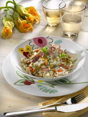 risotto et mulet,calamars, et fleurs de courgettes
