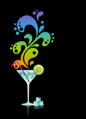 Martini with ice and lime on black background.
