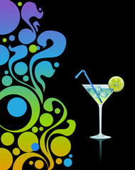 Martini with ice and lime on black background.