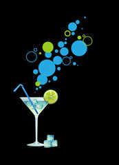 Martini with ice and lime on black background.