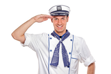Young sailor saluting isolated on white background - obrazy, fototapety, plakaty