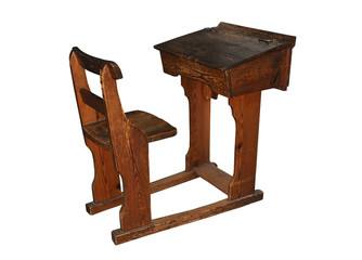 Vintage wooden school desk and chair, isolated on white