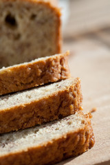 Delicious freshly baked banana bread on wooden board