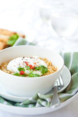 Oriental spicy noodles with egg and red chilis