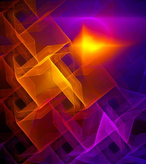 Obraz premium This abstract background features a dynamic composition of glowing geometric shapes in vibrant orange and purple hues, creating a luminous fractal pattern with a sense of depth and energy.