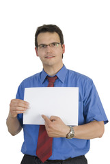 Businessman holding or showing a blank paper.