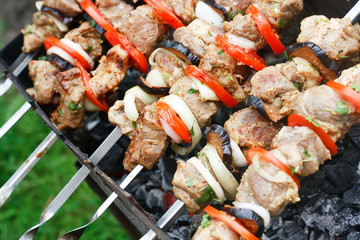 kebab grilled with vegetables on metal skewers