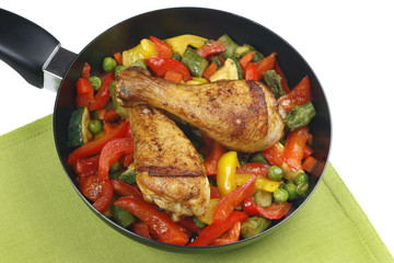 Chicken legs with fried vegetables