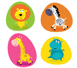 Naklejka premium Cute safari animals set - lion, zebra, giraffe and hippo