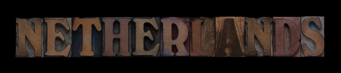 the word Netherlands in old letterpress wood type