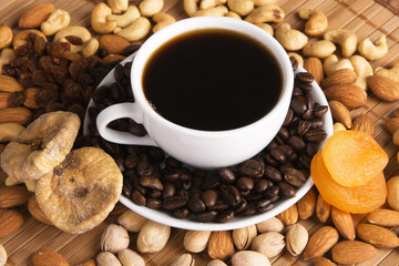 Coffee with nuts, fig and dried apricots