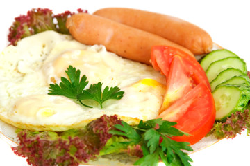 Fototapeta na wymiar fried eggs, sausages, tomato, cucumber, lettuce