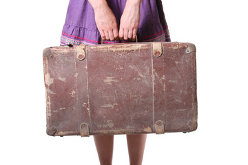 woman hold old suitcase