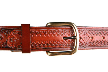 Closeup of western style leather belt on white background