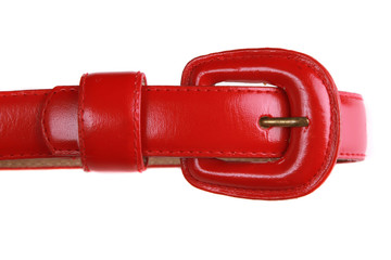 Closeup of a red leather woman's belt on white background