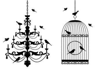 Fotobehang Vogels in kooien vogelkooi en kroonluchter met vogels, vector