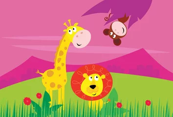 Poster Zoo Grappige jungle afrika dieren: giraf, leeuw en aap