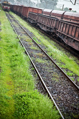 Fototapeta na wymiar Cargo wagons in the train station during rain