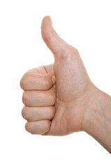 Thumbs up man's hand isolated on white background